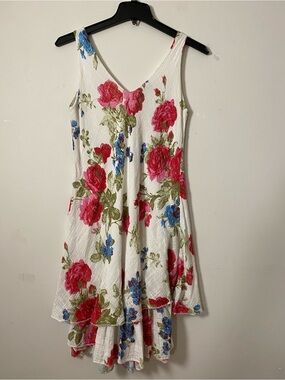 Italian Cotton White Floral V-Neck Sundress with Pink Roses